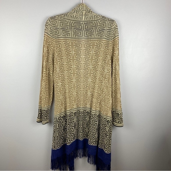 NIC + Zoe Linen Blend Boho Geometric Open Front Fringe Cardigan Medium Cream - Picture 12 of 12